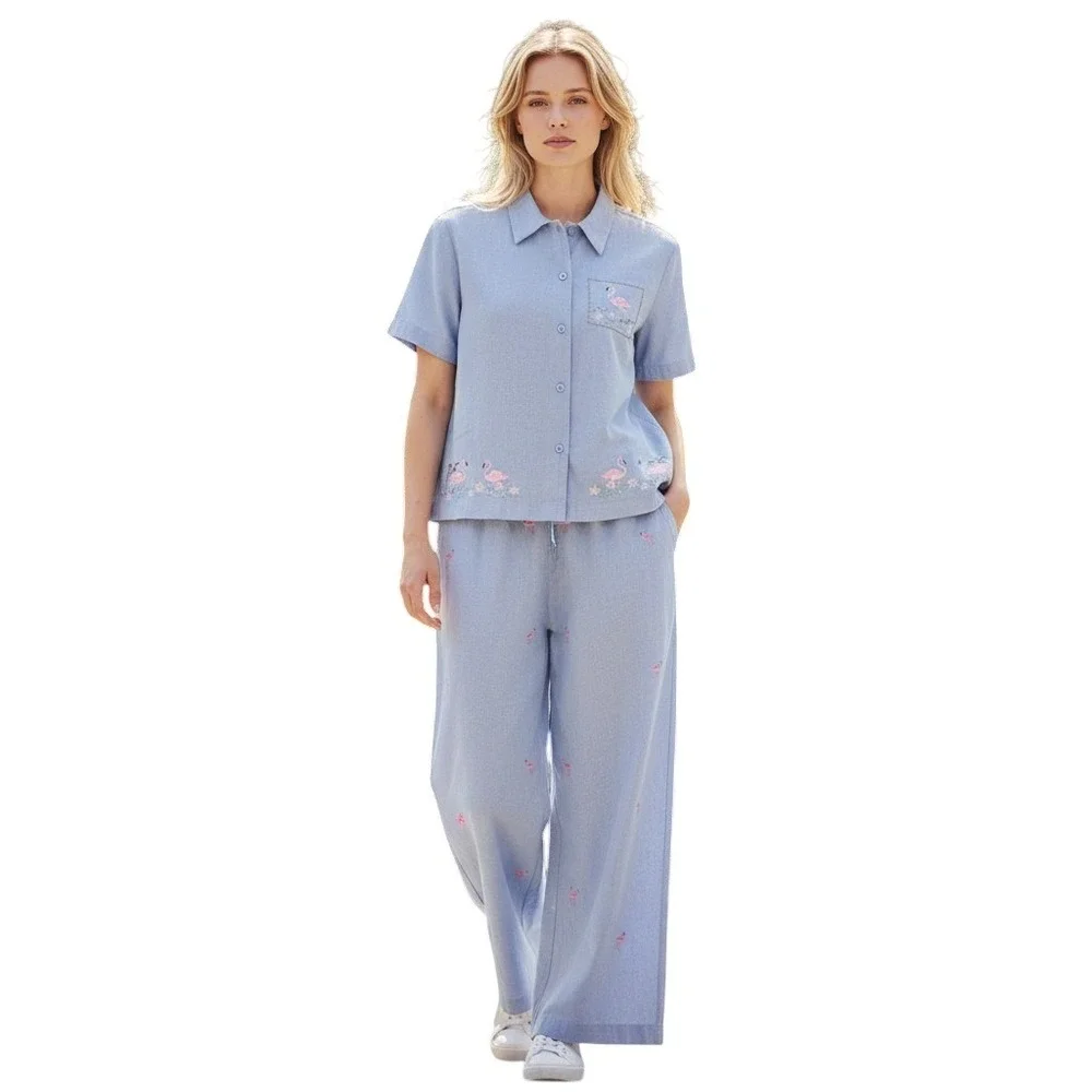 Jane Ashley Blue‎ Cotton Flamingo Chambray Set Top Pants PL Embroidery Sequin
